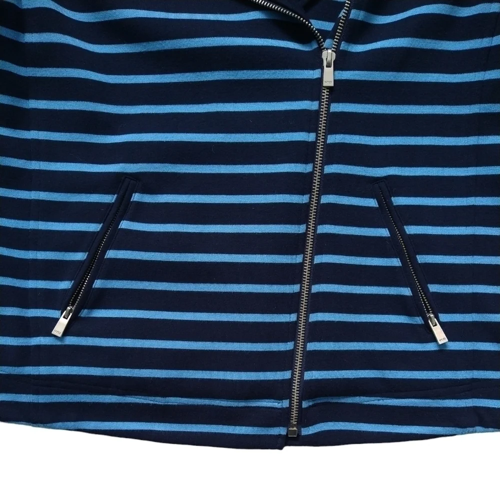 NYDJ Navy Blue Stripe Ponte Knit Moto Jacket Zip Pockets Preppy Modern Nautical